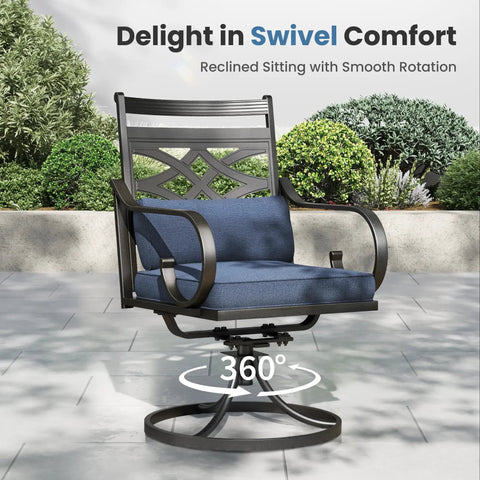 Outdoor Swivel Chairs Set Of 2 With Blue Cushions - Wrought Iron Patio Dining Chairs, 360-degree black metal chair on patio.