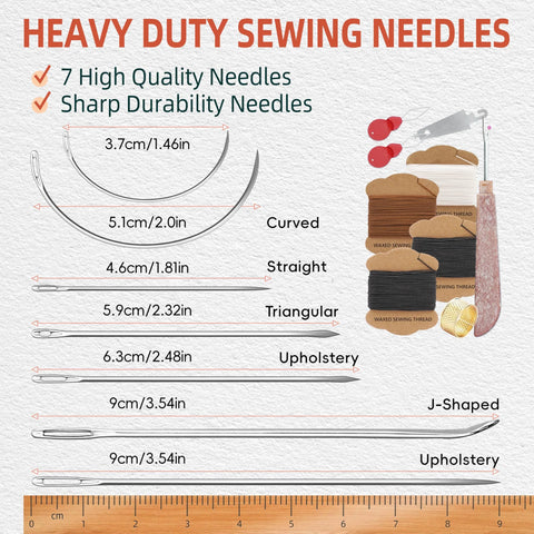 Seven high-quality upholstery sewing needles and waxed thread spools in an infographic with size diagrams.
