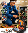 Heavy Duty Hvac Tool Bag And Electrician Chest Pouch With Heavily Reinforced Stitching And Compact Polyester Frame For Snug Cabinet Fits And Badass Job Site Carry Gear, containing colorful tools and multimeter.