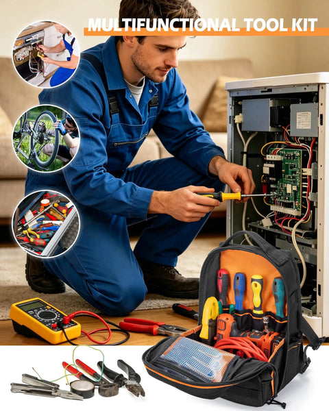 Heavy Duty Hvac Tool Bag And Electrician Chest Pouch With Heavily Reinforced Stitching And Compact Polyester Frame For Snug Cabinet Fits And Badass Job Site Carry Gear, containing colorful tools and multimeter.