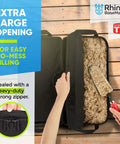Image of BaseMate 18 Inch Umbrella Base Weight bag with open zipper, showing sand filling for stability.