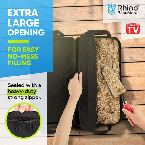 Image of BaseMate 18 Inch Umbrella Base Weight bag with open zipper, showing sand filling for stability.