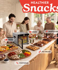 Slick Digital Food Dehydrator With Six Heavy Duty Trays, Smooth 360 Airflow Tech, One Touch Time Presets, Quick Dry Setup For Homemade Jerky Fruits And Herbs in a kitchen with snacks.