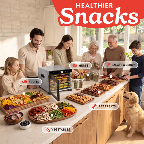 Slick Digital Food Dehydrator With Six Heavy Duty Trays, Smooth 360 Airflow Tech, One Touch Time Presets, Quick Dry Setup For Homemade Jerky Fruits And Herbs in a kitchen with snacks.