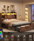 Queen Farmhouse Bed Frame In Rustic Brown Features Four Deep Drawer Storage And Open Bookshelf Headboard With Smart Led Lights Plus Dual Usb Charging Port Backed By Sturdy Metal Slats To Skip Box Springs For Real Zero Hustle Setup in a modern bedroom.