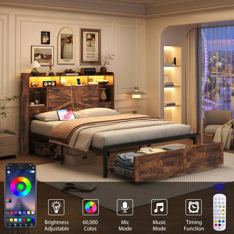 Queen Farmhouse Bed Frame In Rustic Brown Features Four Deep Drawer Storage And Open Bookshelf Headboard With Smart Led Lights Plus Dual Usb Charging Port Backed By Sturdy Metal Slats To Skip Box Springs For Real Zero Hustle Setup in a modern bedroom.