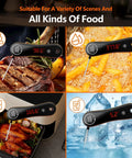 0.5s Instant Read Digital Meat Thermometer With Auto Rotating Backlit Display, 0.5 Degree Fahrenheit Precision, IP67 Waterproof, Calibrated For Cooking, Grilling, BBQ, Candy, Liquid, Smoker, Beef And More For Grill Masters shown measuring steak, fries, chicken, and ice water
