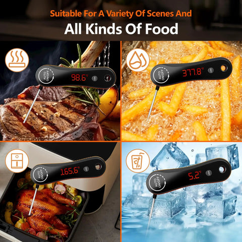 0.5s Instant Read Digital Meat Thermometer With Auto Rotating Backlit Display, 0.5 Degree Fahrenheit Precision, IP67 Waterproof, Calibrated For Cooking, Grilling, BBQ, Candy, Liquid, Smoker, Beef And More For Grill Masters shown measuring steak, fries, chicken, and ice water