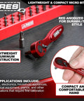 Compact One Quarter Inch Drive Seventy Two Tooth Micro Ratcheting Bit Driver with anodized aluminum and red finish displayed.