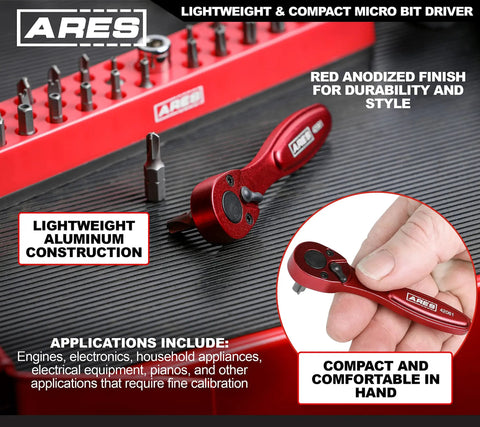 Compact One Quarter Inch Drive Seventy Two Tooth Micro Ratcheting Bit Driver with anodized aluminum and red finish displayed.
