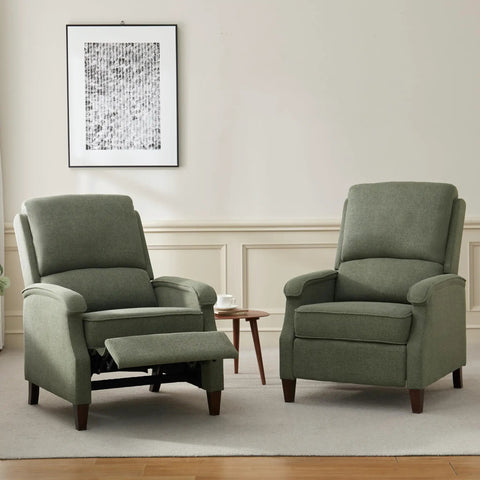 Green Fabric Recliner Chair With Soft Armrests, Adjustable Push Back, And Lumbar Support in a living room setting
