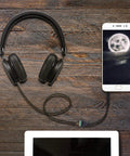 3.5Mm Audio Terminal Block 1/8 Inch TRRS Screw Connector in use with headphones and smartphone on wooden surface.