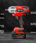 Cordless Impact Wrench With 650 Nm Torque And 3300 RPM One Half Inch Drive Brushless Motor, showing components and buttons.