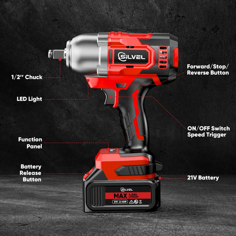 Cordless Impact Wrench With 650 Nm Torque And 3300 RPM One Half Inch Drive Brushless Motor, showing components and buttons.