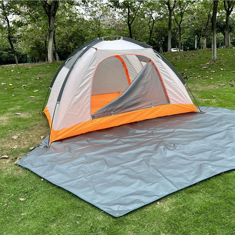 Rugged All Weather Waterproof Tent Tarp Hexagon Rain Fly With Hammock Ground Cloth And Sunshade Mat For Camping Picnics Hiking Beach Survival Gear Gray Large used under a tent in a green outdoor setting