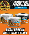 Three tubs of Heavy Duty Rubberized Sealant Paste That Kicks Water Leaks For Good on wet or dry surfaces in white, clear, and black.