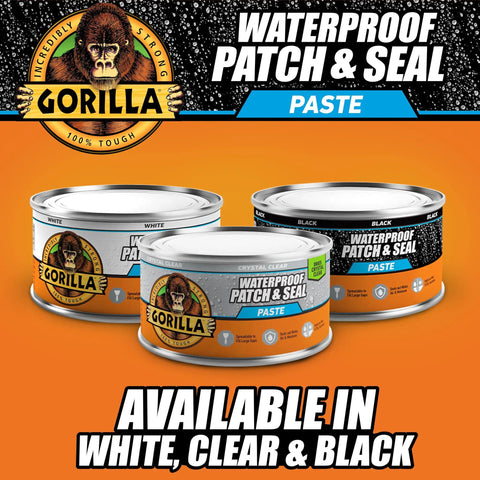 Three tubs of Heavy Duty Rubberized Sealant Paste That Kicks Water Leaks For Good on wet or dry surfaces in white, clear, and black.