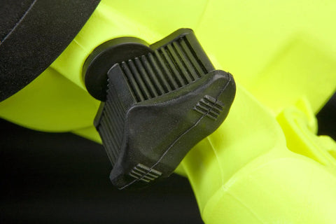 Close-up of a yellow Dive Ready LED Spotlight in Black, Beefy General Purpose Flashlight, featuring adjustment knob.