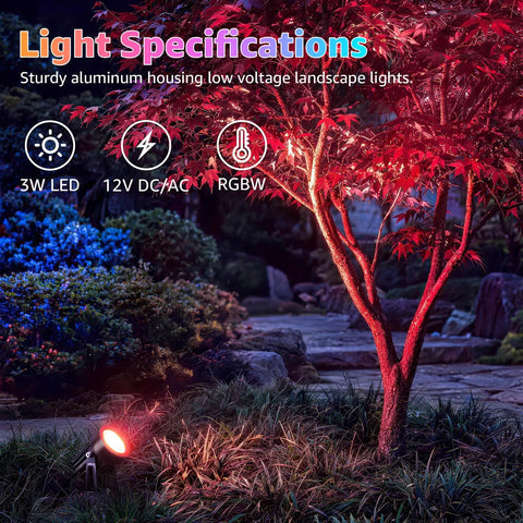 All In One Low Voltage Landscape Lighting Kit with 12 RGBW 3W LEDs illuminating a tree in a garden scene