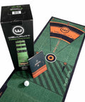 Golf Putting Training Mat 10 Foot Classic Green With Alignment Aids Eye Positioning And Stroke Rhythm Tools displayed with packaging.