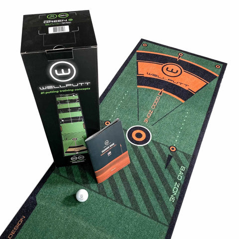 Golf Putting Training Mat 10 Foot Classic Green With Alignment Aids Eye Positioning And Stroke Rhythm Tools displayed with packaging.
