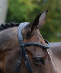 Side view of horse with ComFiTec Vogue Anatomical Bridle With Ultra Soft Padding Headpiece, brown leather, curved nose piece.