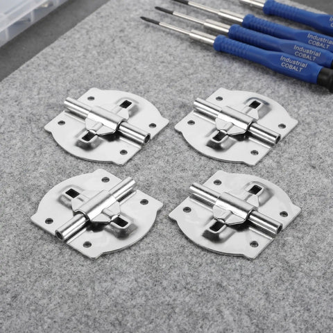 4 Pack Silver Iron Jewelry Box Hinges With Dual Shaft Folding Design on grey surface