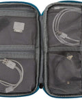 Open view of World Travel Essentials Tech Organizer for cords and gadgets showing interior mesh pockets with stored cables.