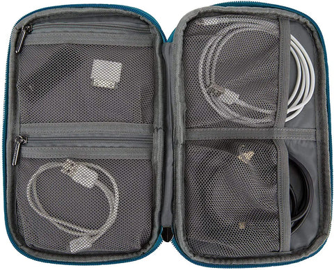 Open view of World Travel Essentials Tech Organizer for cords and gadgets showing interior mesh pockets with stored cables.
