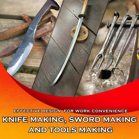 Knife and tools displayed for use with Propane Forge With Triple Burner And Side Door For Knife Making And Farrier Tools.
