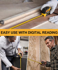 Two In One Digital Tape Measure With 16 Ft Rechargeable Tape Pocket Friendly No Laser Auto Retract Clear High Precision Digital Readout Easy To Use For Home Renovations DIY Projects And On Site Measurements. 16 ft tape measure used on wood, kitchen, and wall measuring