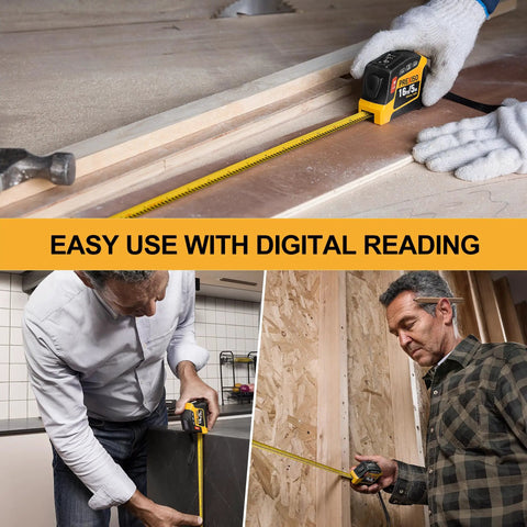Two In One Digital Tape Measure With 16 Ft Rechargeable Tape Pocket Friendly No Laser Auto Retract Clear High Precision Digital Readout Easy To Use For Home Renovations DIY Projects And On Site Measurements. 16 ft tape measure used on wood, kitchen, and wall measuring
