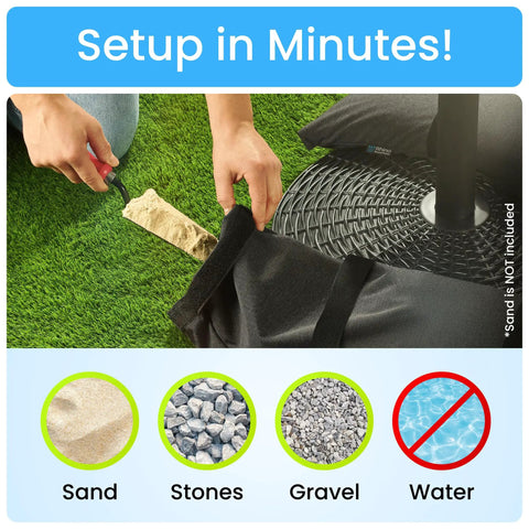 4 Pack Fillable Sand Bags For Umbrella Bases And Patio Stands, Weatherproof Weights setup on grassy area with sand insertion