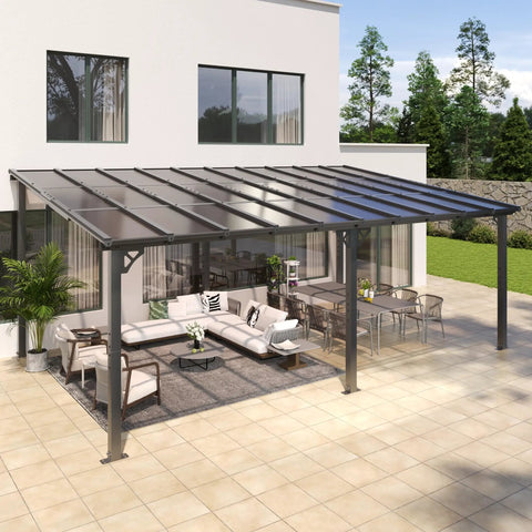 10 Ft By 20 Ft Lean To Gazebo With Hardtop Metal Pergola And Polycarbonate Roof on patio, wall-mounted for outdoor chill