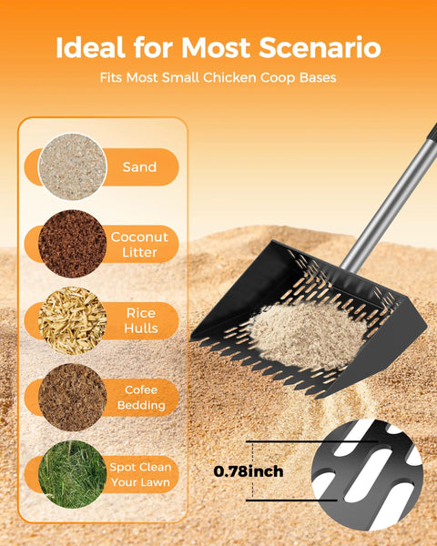 Two In One Chicken Poop Scooper And Rake For Coop Cleanup with sand sifting feature, adjustable, stainless steel.