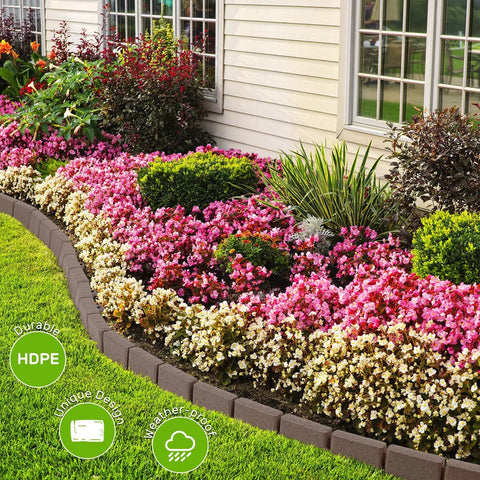 No Dig Garden Edging Kit 16 Feet With Interlocking Sections 2.75 Inch Height Decorative Lawn Border For Yard And Flower Beds Durable Weatherproof Poly Includes 26 Stakes Bendable Stone Like Border edging along colorful flower garden