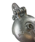 Close-up of Beefy Snatch Block Wire Rope Pulley For Yard Rigging Heavy Duty Yarding Block with 4 inch sheave detail visible.