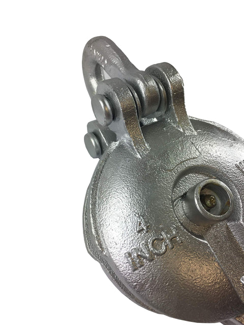 Close-up of Beefy Snatch Block Wire Rope Pulley For Yard Rigging Heavy Duty Yarding Block with 4 inch sheave detail visible.