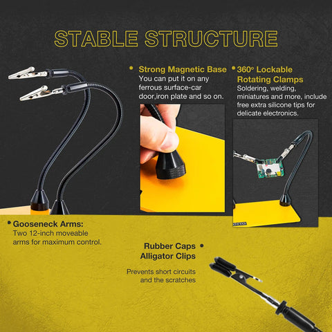2 Pack Magnetic Flexible Gooseneck Metal Arms With Alligator Clips display features like magnetic base and clamps for soldering.