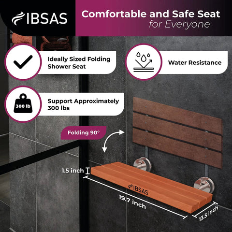 Folding Shower Seat With No Slip Mat For Inside Shower Wall Mounted Teakwood And Stainless Steel Bench Chair For Bathroom And Elderly Assistance