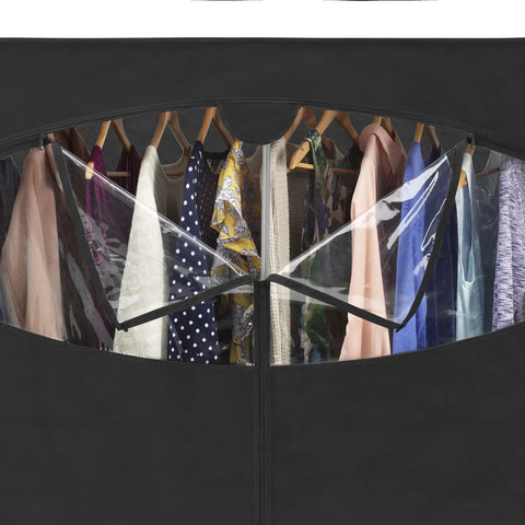 Grab-And-Go Portable Wardrobe Closet Organizer With Hanging Rack, black cover partially open, clothes visible, 60L x 19.5W x 64H