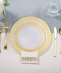 Kick Back Without The Hassle Using This Heavy Duty Gold Disposable Dinnerware Set For 25 Guests With Plates Cups Napkins Silverware Bpa Free Party Pack For Weddings And Block Parties, featuring gold rim plates and utensils.