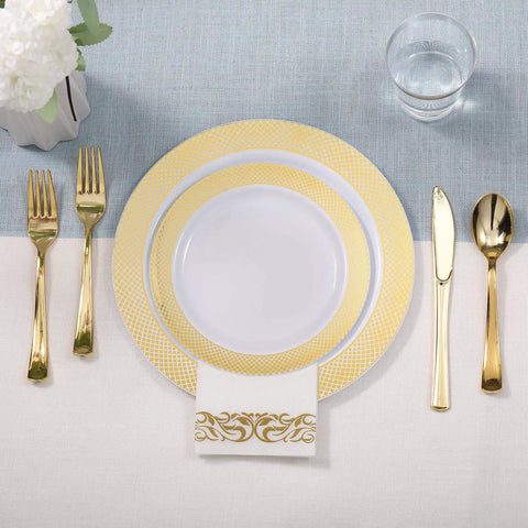 Kick Back Without The Hassle Using This Heavy Duty Gold Disposable Dinnerware Set For 25 Guests With Plates Cups Napkins Silverware Bpa Free Party Pack For Weddings And Block Parties, featuring gold rim plates and utensils.