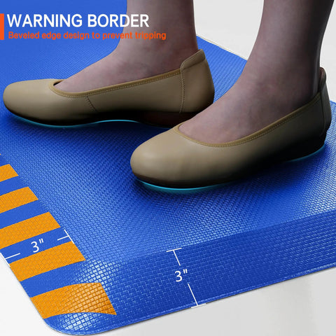 Top Shelf Anti Fatigue Standing Floor Mat Engineered From Dense Memory Foam For Shops And Home Desks Delivering Heavy Duty Comfort To Ease Persistent Leg And Back Soreness During Every Grueling Shift In Navy With Yellow Trim