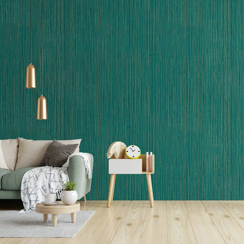 Teal Green Grasscloth Peel And Stick Wallpaper For Walls Self Adhesive Textured Linen Vinyl Covering Waterproof Faux Grasscloth For Home Decor Makes A Boss Wave In Your Space Large 30 By 236 Inches in a modern living room setting with wood flooring and pendant lights.