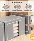 Foldable Metal Frame Storage Bins Set For Clothes And No Fuss Organization, 100L Each, 3 Pack stacked in a closet with instructional diagram