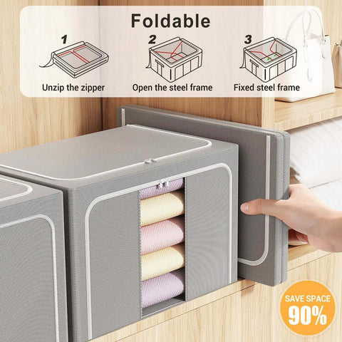 Foldable Metal Frame Storage Bins Set For Clothes And No Fuss Organization, 100L Each, 3 Pack stacked in a closet with instructional diagram