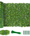 No Assembly Required Artificial Ivy Privacy Fence Screen For Outdoor Use 120 Inch By 40 Inch UV Resistant Faux Ivy Hedge With Watermelon Leaves Easy Ready To Use Garden Decor, showing rolled ivy screen and accessories.