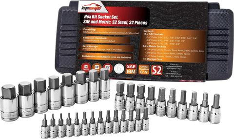 32 Piece Hex Bit Socket Set For SAE And Metric With Hardened S2 Alloy Steel And Cr V Bits Chrome Plated Mirror Finish Includes Durable Plastic Case