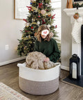 XXL Cotton Rope Blanket Basket with Handles, 21.7 Inches Square, holding blankets, by a Christmas tree, for Living Room Storage